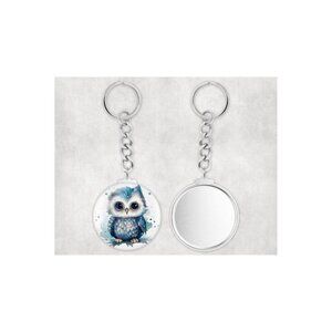 Blue Owl on a branch    -  ROUND BUTTON KEY CHAIN